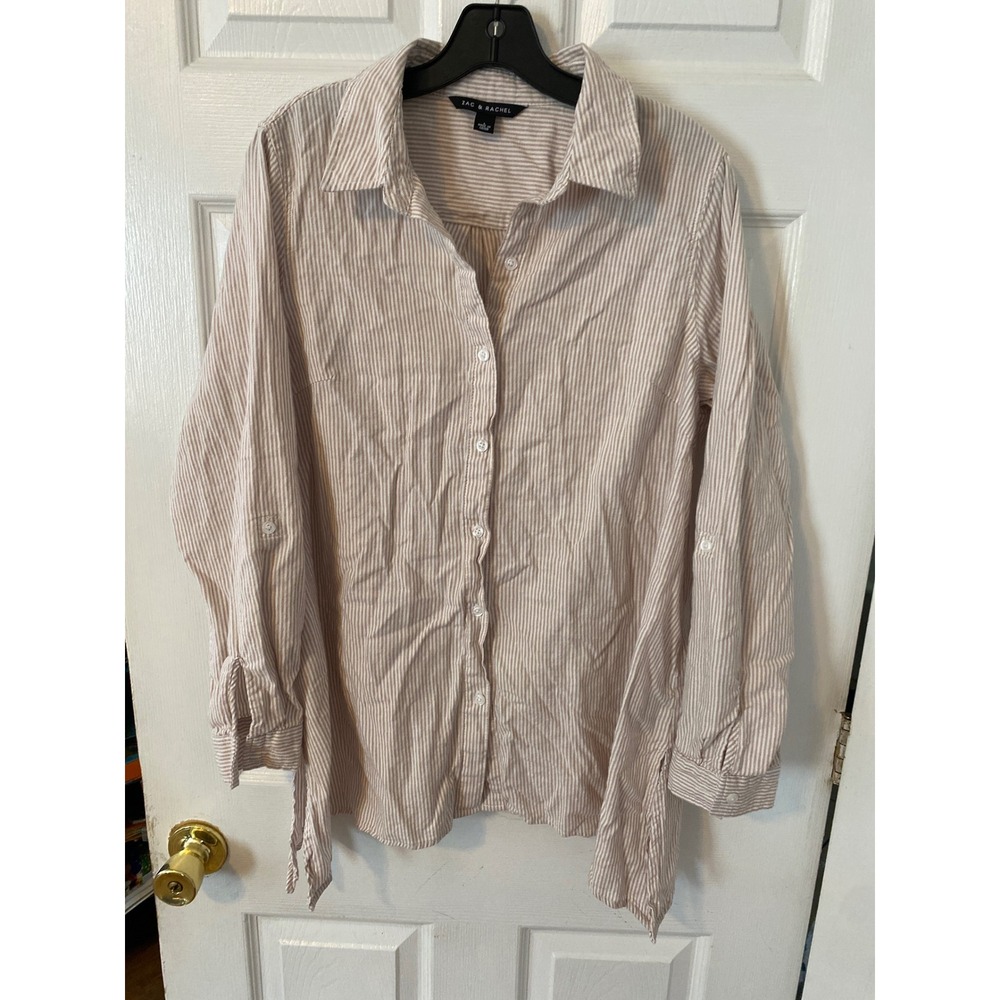 Zac & Rachel Tan White Striped Button Down Shirt Roll Tab Sleeve Womens Large